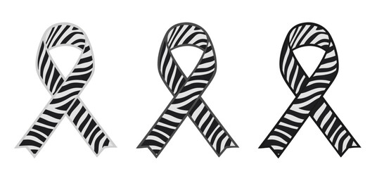 Set of three zebra stripe color awareness ribbons representing carcinoid cancer, neuroendocrine tumors and other deceases, flat vector on transparent background
