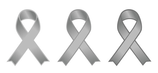 Set of three grey awareness ribbons representing brain cancer, brain tumor, asthma, diabetes and other deceases, flat vector on transparent background