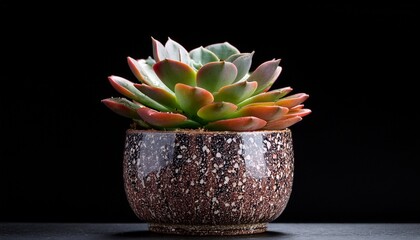 a vibrant succulent in a speckled pot against a black background