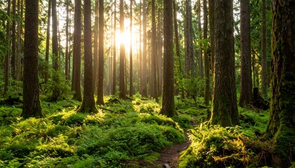 Naklejka premium Sunlit forest path; lush green moss, tall trees