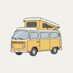Retro camper van illustration. Vintage minivan with a pop-top roof for a summer road trip and camping adventure.