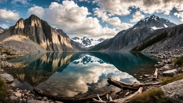 Alpine Lake with Rocky Peaks and Dramatic Cloud Reflections