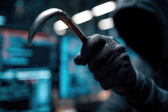 A hooded figure, hand holding a crowbar, in a cyber security room