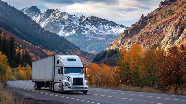 A big rig truck with cargo trailer driving down a scenic mountain highway road.
