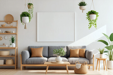 A soft gray sofa with pillows sits against a bright wall with hanging plants, creating a stylish and inviting space. interior design. Generative AI.
