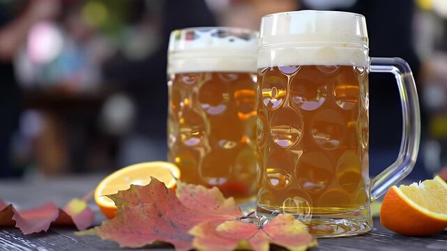 Frosted Beer Steins with Orange Slices and Autumn Leaves in Muted Light on Textured Table with Blurry Background