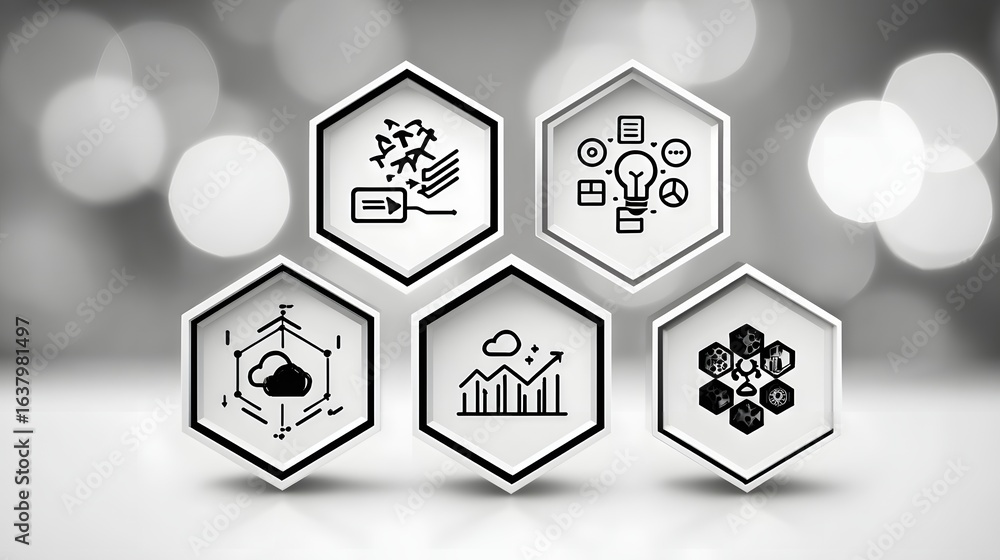 Poster abstract graphic design with hexagonal shapes and icons.