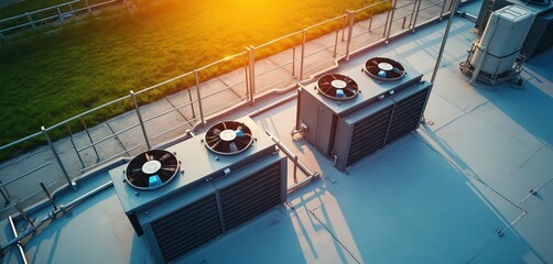 Drone aerial view of industrial plant rooftop AC units. Large commercial air conditioning systems with fans, pipes, condensers. Essential for climate control, energy efficiency, building maintenance.