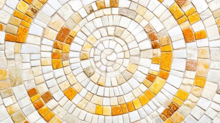 Fototapeta premium Circular mosaic pattern of beige and orange tiles creates a captivating concentric design
