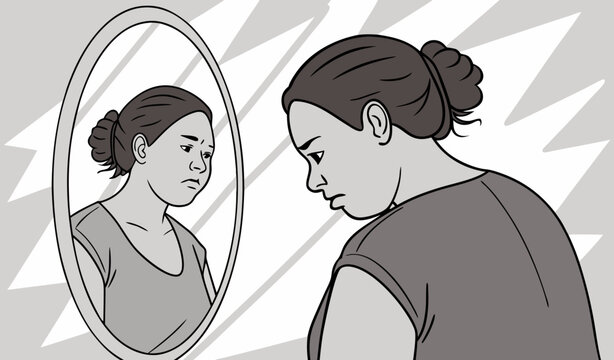 A slim woman looks at her reflection in a mirror, which appears overweight. The background is minimal with abstract shading. Concept of body dysmorphia and self-image. Vector illustration  