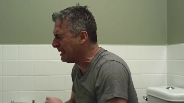 Middle-aged man experiencing discomfort and pain in a bathroom setting, conveying a relatable human moment of vulnerability.