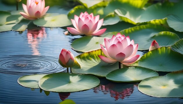 lotus buds and blossoming flowers in a calm pond surrounded by circular green leaves with soft ripples in the water - Powered by Adobe