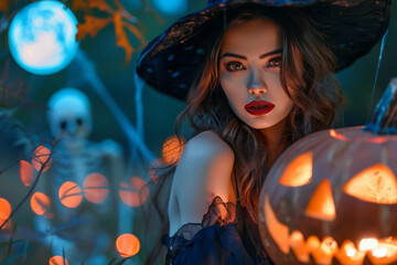 Enigmatic woman with long hair wearing a witch hat, surrounded by glowing pumpkins and eerie decorations, creating a captivating Halloween atmosphere with vibrant colors and shadows