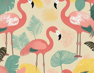Fototapeta premium cream background seamless pattern featuring pastel flamingo silhouettes mustard and seafoam accents tropical pattern whimsical