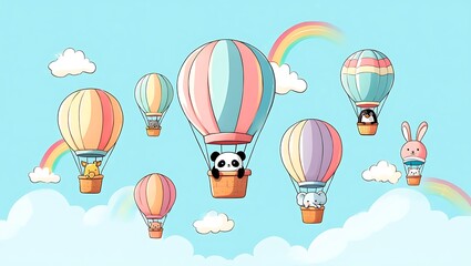 Cute Animals in Hot Air Balloons Floating in a Whimsical Sky Illustration