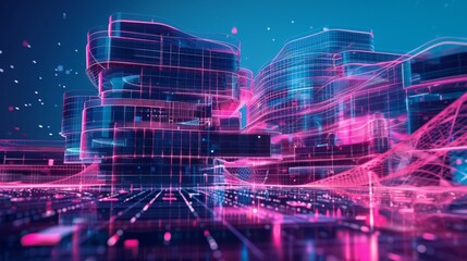 Obraz premium Futuristic cityscape with glowing neon buildings and digital grid, showcasing advanced architecture and technology in a vibrant, high-tech environment with a cyberpunk aesthetic