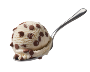 Chocolate chip ice cream on spoon isolated on white background for tasty dessert photography
