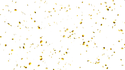 round gold confetti falling isolated on transparent background, texture overlay template for party decoration