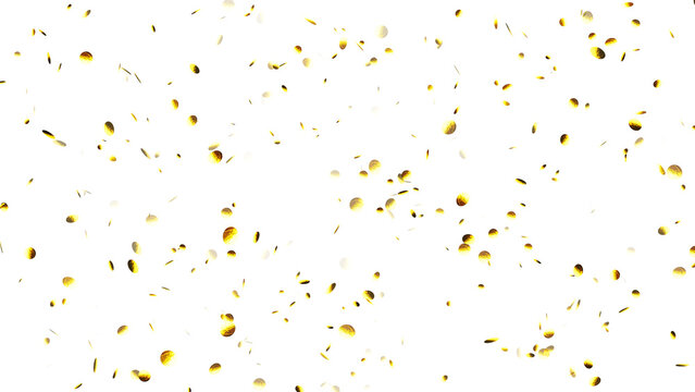round gold confetti falling isolated on transparent background, texture overlay template for party decoration