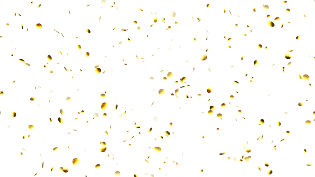 round gold confetti falling isolated on transparent background, texture overlay template for party decoration