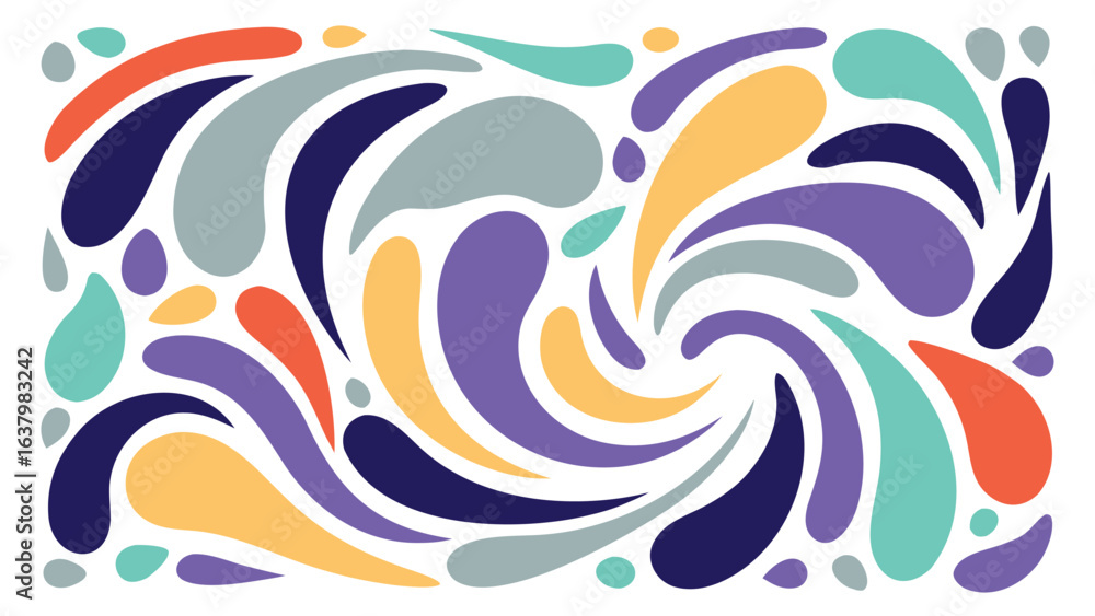 Poster colorful abstract pattern of teardrop shapes arranged in a swirling vortex design on white backgroun