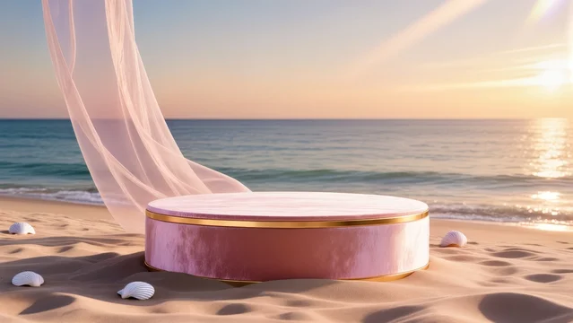 Elegant Round Velvet Pedestal with Gold Detail on Sand