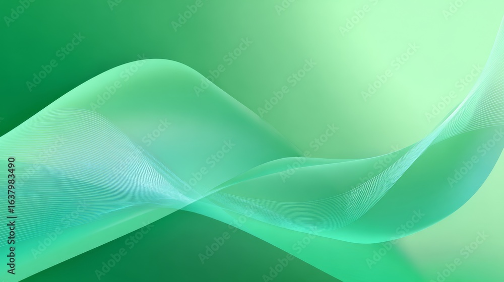 Poster abstract minimal background with smooth green gradient and dynamic flowing wave shapes, soft tones c