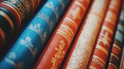 Close-up of Antique Books with Decorative Spines in Vibrant Colors and Gold Details