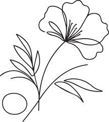 Elegant flower with leaves in one line drawing style, black and white minimalistic abstract illustration for design and decoration concept