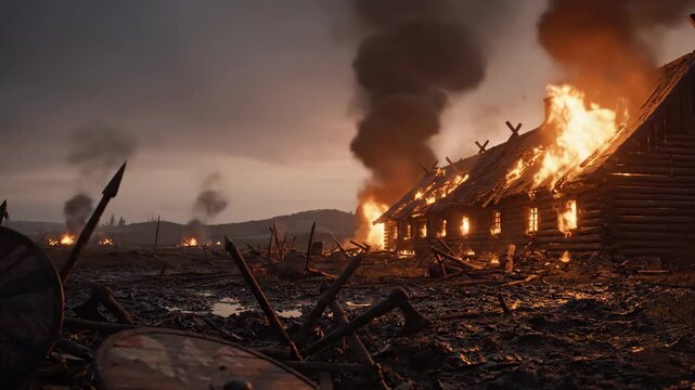 Ashes of the Longhouse Viking Raid Aftermath at Dawn. epic and cinematic wallpaper with fire and particles in the air at sunset
