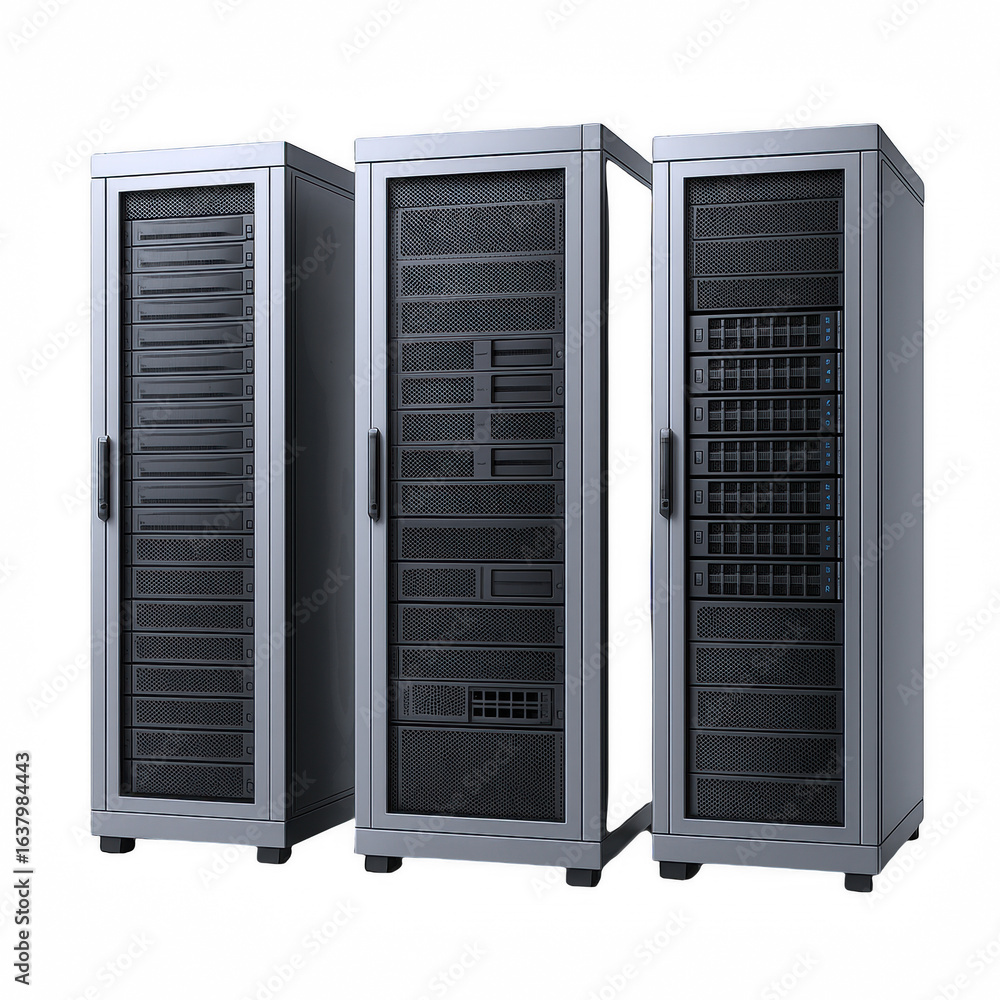 Poster three modern server racks with multiple drive bays and ventilation grilles, representing data storag