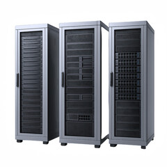 Three modern server racks with multiple drive bays and ventilation grilles, representing data storage and technology infrastructure.