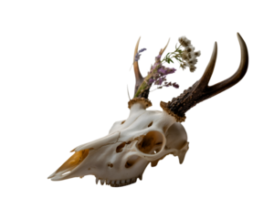 Deer skull with dried flowers isolated on white background for rustic decorative display concepts

