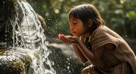 Child drinking water from natural spring waterfall in forest clean water concept photo © Sheraz
