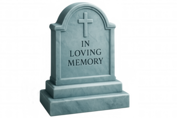 Weathered gravestone featuring engraved cross, in loving memory text, transparent backdrop highlighting memorial symbolism