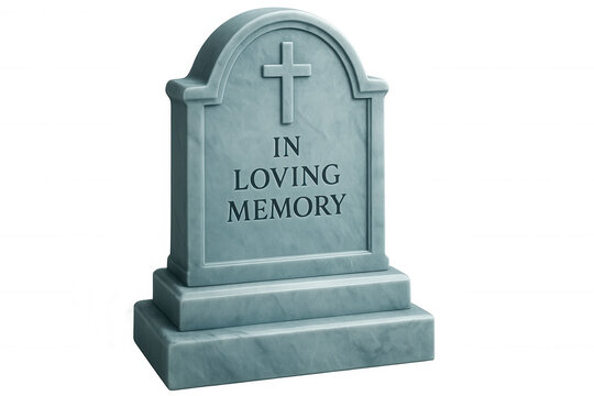 Weathered gravestone featuring engraved cross, in loving memory text, transparent backdrop highlighting memorial symbolism