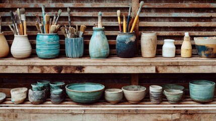 Set of assorted crafting tools and handmade clay dishes displayed on a wooden shelf in a pottery workshop