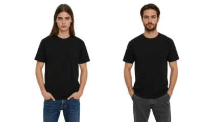 Male and female models posing in matching blank black t-shirts. Unisex casual apparel mockup for custom design presentation.