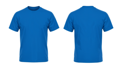 Blank blue short sleeve T-shirt mockup with front and back view isolated on a white background for design presentation.