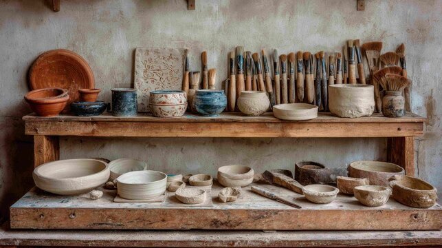 Set of assorted crafting tools and handmade clay dishes displayed on a wooden shelf in a pottery workshop