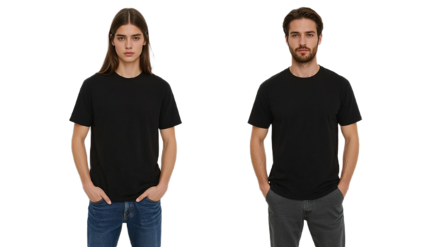 Male and female models posing in matching blank black t-shirts. Unisex casual apparel mockup for custom design presentation. - Powered by Adobe