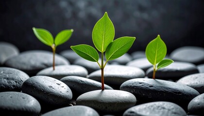 Small green plants growing between dark stones