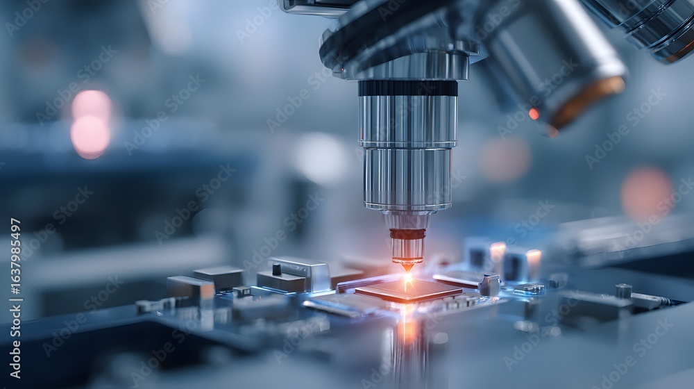 Poster close-up view of a microscope focused on a circuit board.