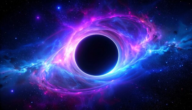 A supermassive black hole at the center of a swirling cosmic nebula glowing with vibrant purple and blue light. - Powered by Adobe