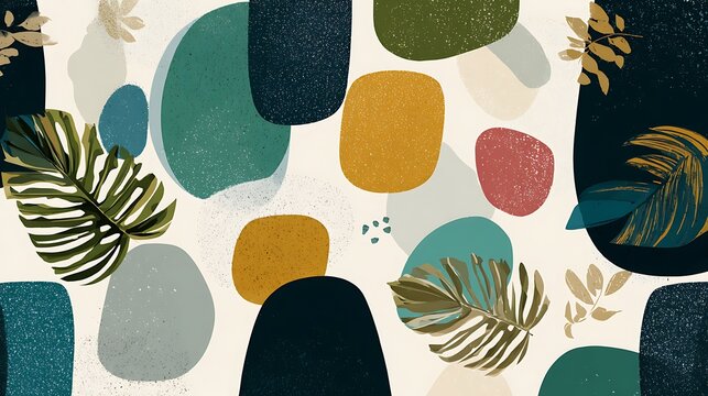 Abstract geometric, natural shapes in minimal nordic style. Modern seamless pattern with tropical leaves, geo elements for minimalist art print, textile, boho wallpaper decor. 2d.