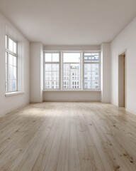 Fototapeta premium Empty Room Interior with Hardwood Floor and City View