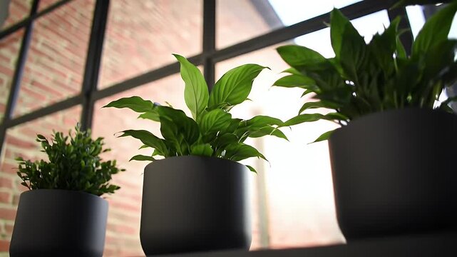 Three Potted Green Plants Displayed Against a Brick Wall and Black Window Frame Offering a Minimalist Interior Home