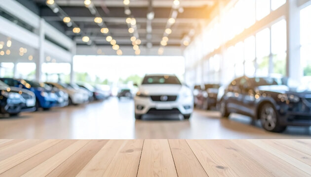 Blurred background of new cars displayed in luxury showroom with light bokeh in motor show event.