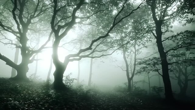 Foggy Forest Landscape Featuring Tall Trees Illuminated by Soft Light in a Mysterious and Serene Scene