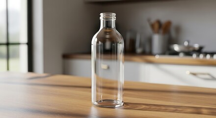 Crystal clear empty glass bottle stands on a polished wooden table catching sunlight in a bright modern kitchen